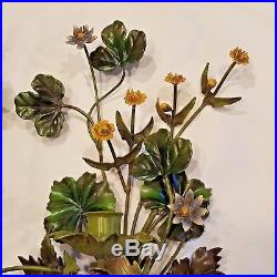 Tole Wildflower Flower Candleholder Wall Sconce Painted Metal Toleware Set 2