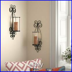 Traditional Euro Set of 2 Black Metal Scroll Wall Sconces Candle Holders Decor