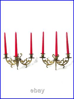 Trio/3 antique Ornate French 3 Candle bronze wall Sconces late 1800's