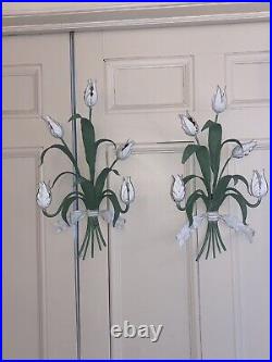 Tulip Pair of Vintage Tole Floral Candle Wall Sconces Italy