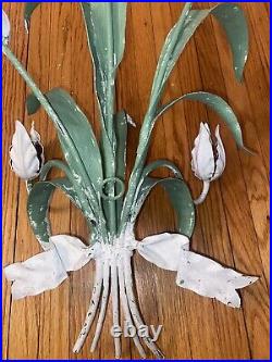 Tulip Pair of Vintage Tole Floral Candle Wall Sconces Italy