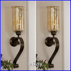 Two Antiqued Bronze Hand Forged Metal & Glass Wall Sconce Fixture Candle Holders