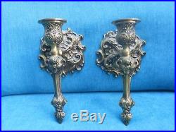 Two Beautiful Antique / Vintage Heavy Brass / Gilt Wall Candle Sconces / Holders