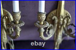 Two Brass Rococo Style 2 Arm Candle Wall Sconces, Bow Ribbon & Tassel, 1940s