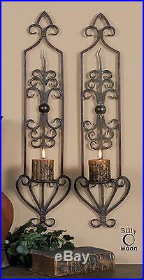 Two Large 30 Antiqued Rust Brown Hand Forged Metal Wall Sconce Candle Holders