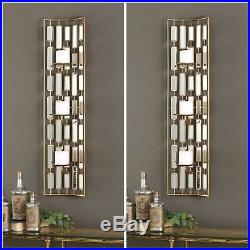 Two MID Century Modern Gold Metal Accented Mirrors Wall Sconce Candle Holders