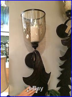 Two New Huge 52 Bronze Metal Leaf & Amber Glass Wall Sconce Candle Holders