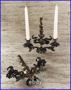 Two Solid Cast Brass Double Candle Wall Sconces Flowers Ribbons Patinated C1960s