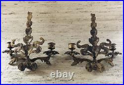 Two Solid Cast Brass Double Candle Wall Sconces Flowers Ribbons Patinated C1960s