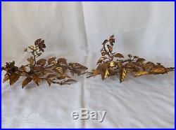 Two Vintage Antique Gold Metal Toleware 2 Candle Holder Wall Sconces 19 x 14