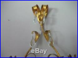 Two Vintage Gold Metal Tole 2 Candle Holder Wall Sconces With Prisms 14 x 11
