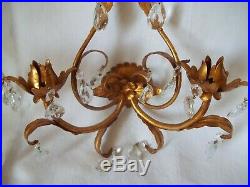 Two Vintage Gold Metal Tole 2 Candle Holder Wall Sconces With Prisms 14 x 11