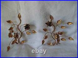 Two Vintage Gold Metal Tole ware Candle Holder Wall Sconces 9 x 8 1/2 Italy