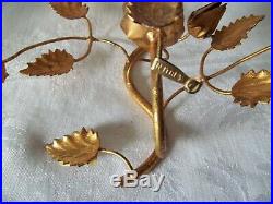 Two Vintage Gold Metal Tole ware Candle Holder Wall Sconces 9 x 8 1/2 Italy