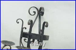 Two Vintage Ornate Wrought Iron Triple Wall Sconce Candle Holders