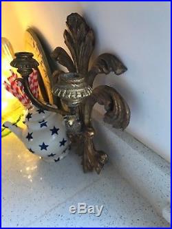 Unique wall sconce gold gilt metal craved Italy wood candle holder stick vintage
