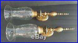 VINTAGE BRASS AND GLASS CANDLE WALL SCONCES/HOLDERS A PAIR Etched 16.5 tall