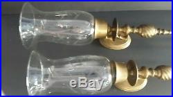 VINTAGE BRASS AND GLASS CANDLE WALL SCONCES/HOLDERS A PAIR Etched 16.5 tall