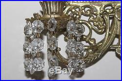 VINTAGE BRASS BEVELED MIRROR With ZEUS FACE CANDLE HOLDERS AND CRYSTALS WALL 19 X