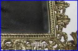 VINTAGE BRASS BEVELED MIRROR With ZEUS FACE CANDLE HOLDERS AND CRYSTALS WALL 19 X