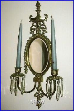VINTAGE BRASS DOUBLE CANDLE HOLDER WITH MIRROR WALL SCONCE with DANGLE PRISMS