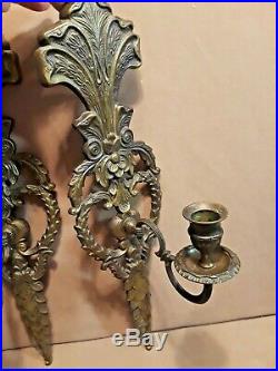 VINTAGE ORNATE VICTORIAN SOLID BRASS WALL SCONCES CANDLE HOLDERS 16 1/2 High