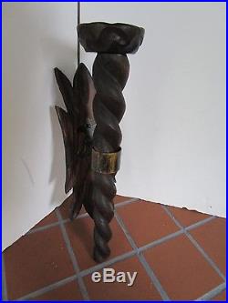 VINTAGE WALL SCONCE TORCH 20 CARVED TWISTED WOOD SPAIN candle holder Midcentury