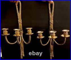 VNTG PAIR OF BEAUTIFUL Heavy ROPE WithTASSEL BRASS Triple WALL Candle SCONCES 19