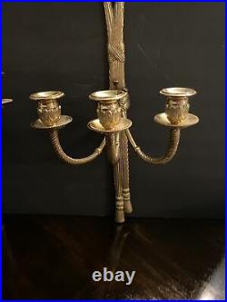 VNTG PAIR OF BEAUTIFUL Heavy ROPE WithTASSEL BRASS Triple WALL Candle SCONCES 19