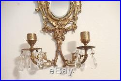 VTG Brass 2 Arm Nude Angel/Cherub Crystal Prism Candle Holder Wall Mirror Sconce