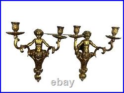 VTG Brass Cherub-Angel Wall Double Candle Scones H 15x W 10 Heavy 3.6 LbPair