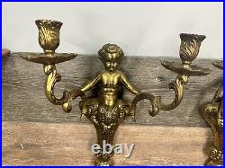 VTG Brass Cherub-Angel Wall Double Candle Scones H 15x W 10 Heavy 3.6 LbPair