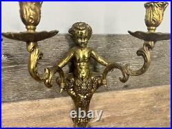 VTG Brass Cherub-Angel Wall Double Candle Scones H 15x W 10 Heavy 3.6 LbPair