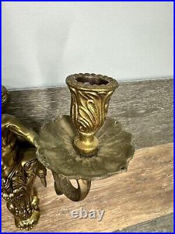 VTG Brass Cherub-Angel Wall Double Candle Scones H 15x W 10 Heavy 3.6 LbPair