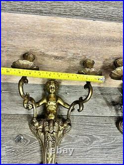 VTG Brass Cherub-Angel Wall Double Candle Scones H 15x W 10 Heavy 3.6 LbPair