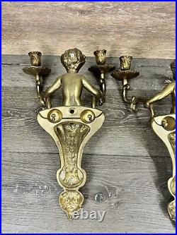 VTG Brass Cherub-Angel Wall Double Candle Scones H 15x W 10 Heavy 3.6 LbPair