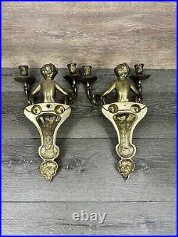 VTG Brass Cherub-Angel Wall Double Candle Scones H 15x W 10 Heavy 3.6 LbPair