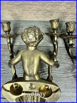 VTG Brass Cherub-Angel Wall Double Candle Scones H 15x W 10 Heavy 3.6 LbPair