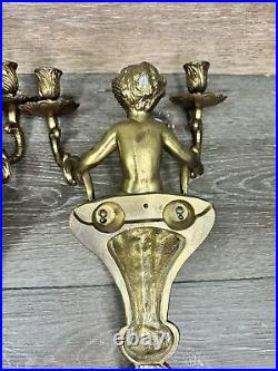 VTG Brass Cherub-Angel Wall Double Candle Scones H 15x W 10 Heavy 3.6 LbPair