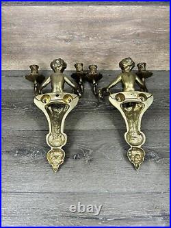 VTG Brass Cherub-Angel Wall Double Candle Scones H 15x W 10 Heavy 3.6 LbPair