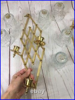 VTG Brass Glass Accordion Scissor Candle Holder Wall Mount Sconce USA Made RARE