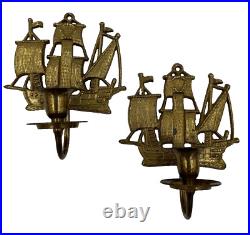 VTG Brass Schooner Ship boat candle holder wall sconce 6.25x5 Nautical set of 2