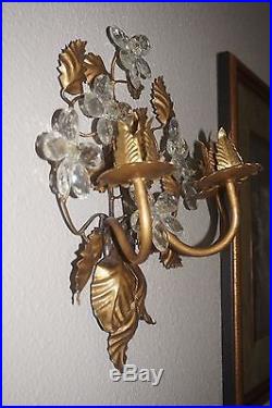 VTG Cut Glass Crystal Prism Candelabra Wall Sconce Candle Holder Gold Gilt