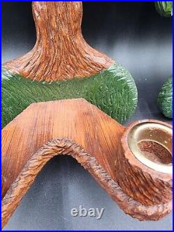 VTG German Handarbeit Hand Carved Wood Tree Candle Stick Holders Wall Sconce 2PC