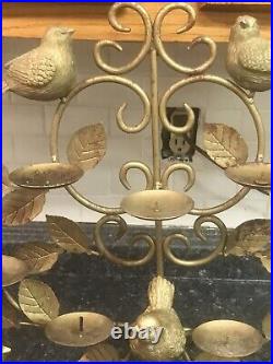 VTG MCM Gold Metal Table Sconce 10 Peg Votive Candle Holder 5 Birds Leaves