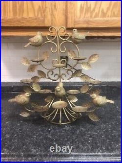 VTG MCM Gold Metal Table Sconce 10 Peg Votive Candle Holder 5 Birds Leaves