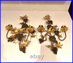 VTG METAL WALL SCONCES With CANDLE HOLDERS BRASS GRAPE LEAFS, GILT PETITE CHOSES