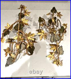 VTG METAL WALL SCONCES With CANDLE HOLDERS BRASS GRAPE LEAFS, GILT PETITE CHOSES