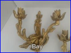 VTG Mid Century Brass Sconces Wall Taper Candle Holders Hollywood Regency Flower