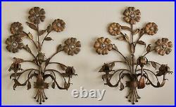 VTG Pair Italian Gold Gilt Tole Metal 3 Arm Floral Candle Wall Sconces 20.5